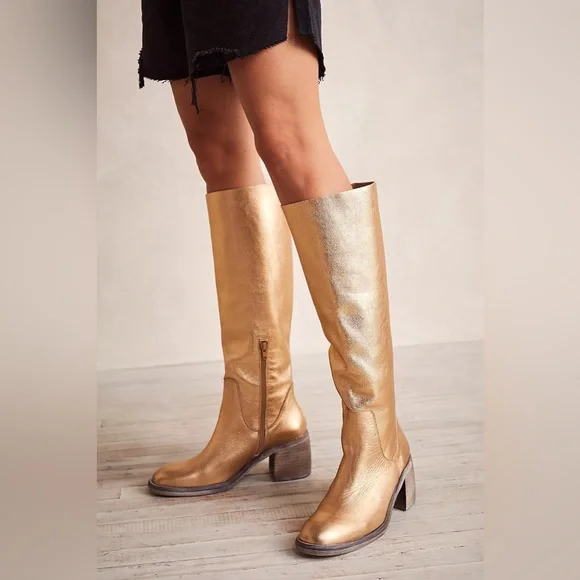 Gold leather FREE PEOPLE boots knee high - Picture 3 of 9